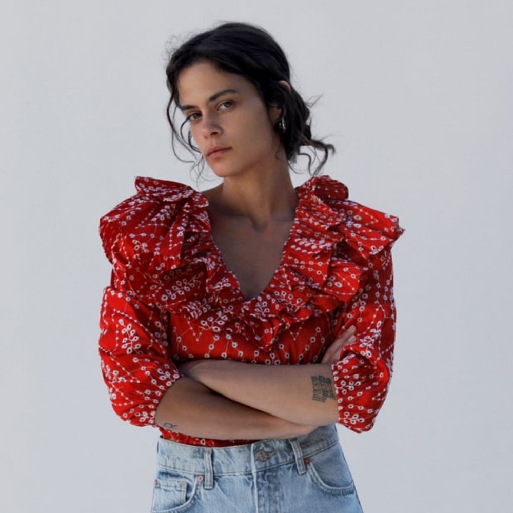 NWT Zara Openwork Embroidered Ruffle Top Red - Picture 3 of 8
